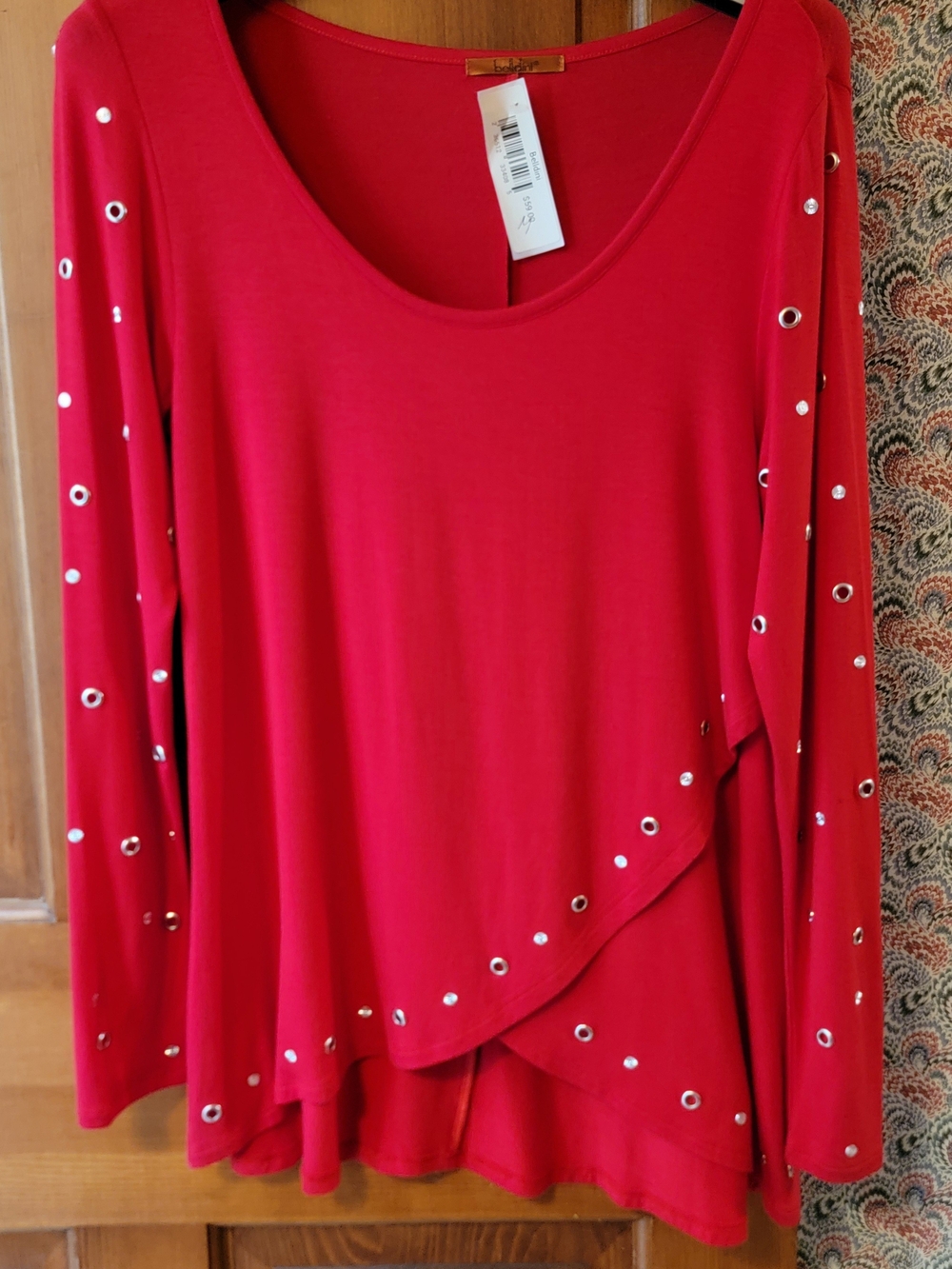 NWT Belldini Red Rhinestone Studded Grommet Asymmetrical Tulip Hem Tunic Top M